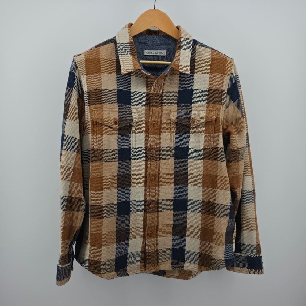 Outerknown Blanket Shirt Mens Large Brown Blue Plaid Organic Cotton Flannel